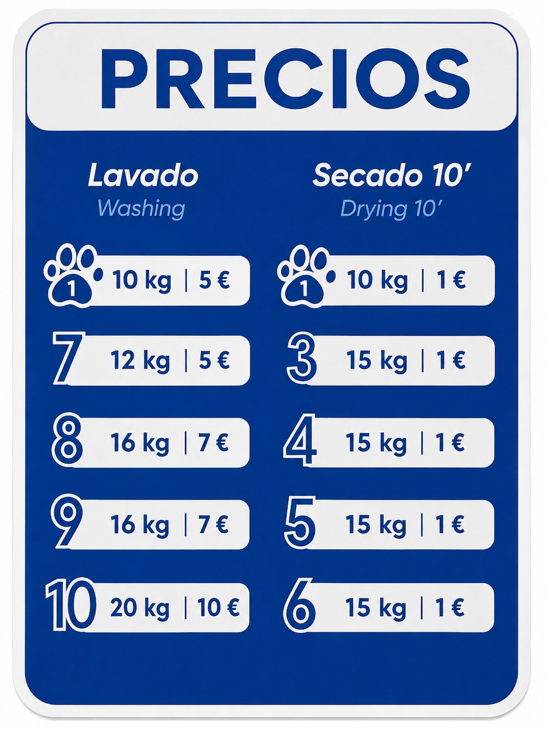 Panel de precios de lavado y secado de Washing Day en Málaga